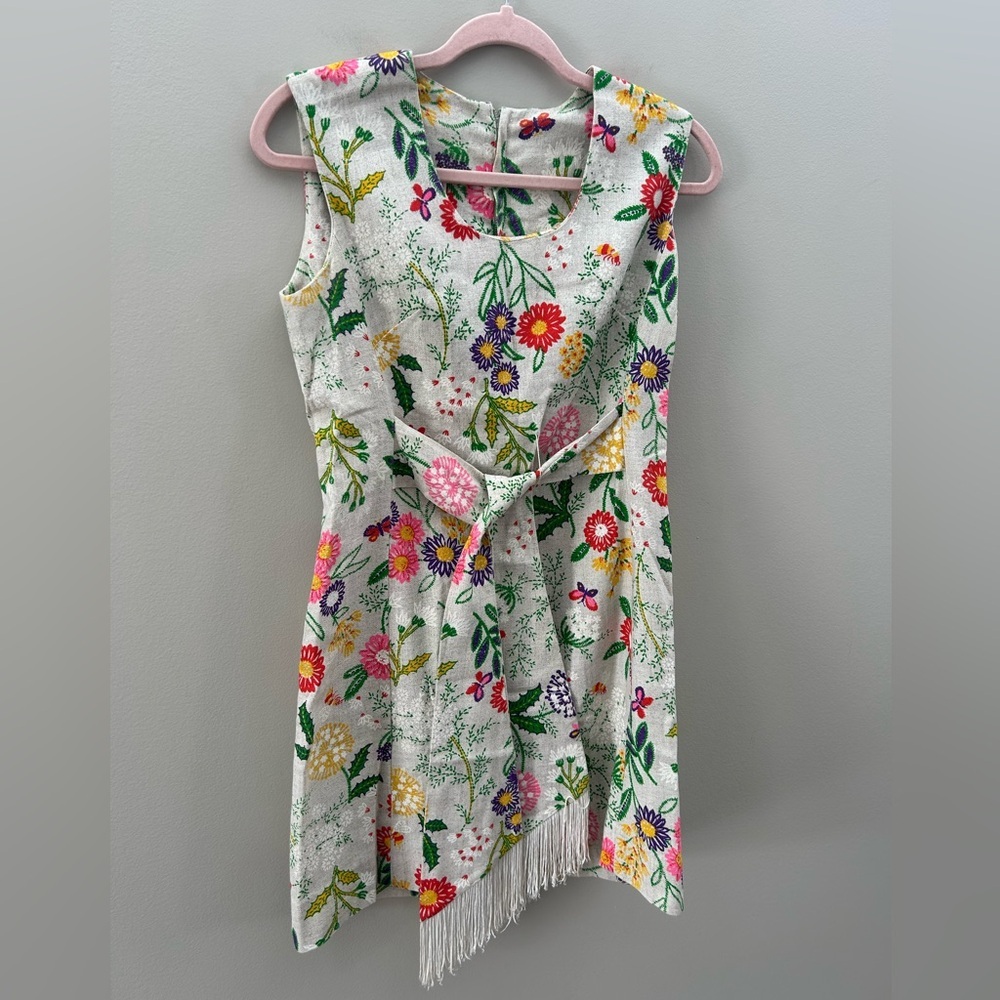 Vintage Floral Fringe Tassel Tie Front Sleeveless A-Line Burlap Airy Mini Dress - Picture 7 of 8